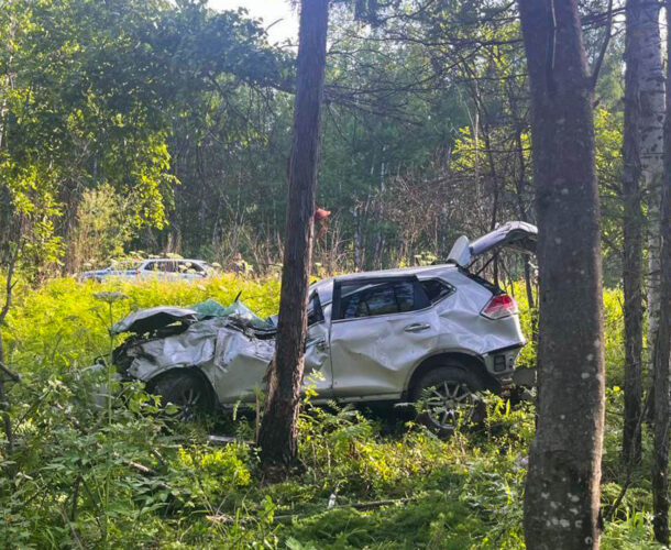 Водителю стало плохо? Под Амурском Ниссан на полном ходу уехал с дороги в лес
